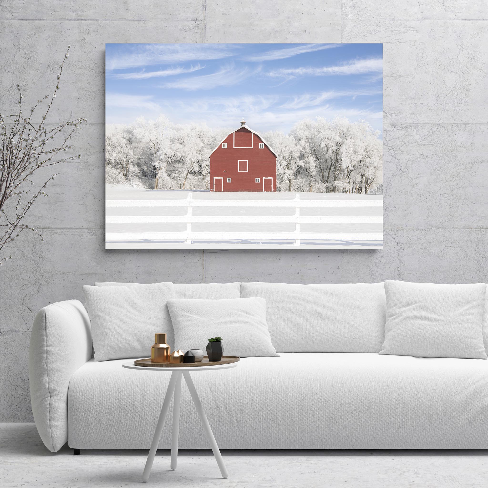 Red barn among frosted trees and snow